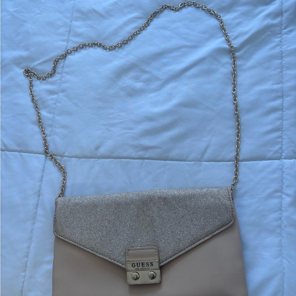GUESS Beige and Gold Glitter Crossbody Bag